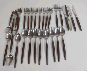 29 Pc American Tempo Danish Modern Flatware Set Stainless Faux Wood Handle Japan - Picture 1 of 5
