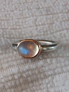 Anello Estate Sterling & Oro Giallo 14K Lunetta Set Cabochon Pietra di Luna Blu - Foto 1 di 9