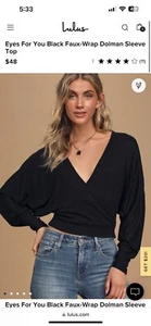 LULUS Eyes For You Black Faux-Wrap Dolman Sleeve Top Small Worn Once Cropped - Picture 1 of 3