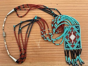 Vintage Native American Indian Handmade Woven Fringed Necklace/turquoise & glass - Picture 1 of 5