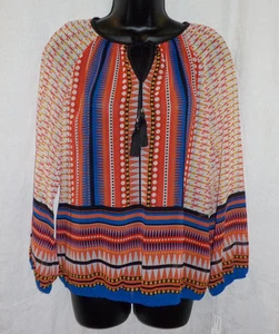 Zac & Rachel Sheer Blouse Size L (S) NWT Multi Geometric Polyester Long Sleeve - Picture 1 of 12