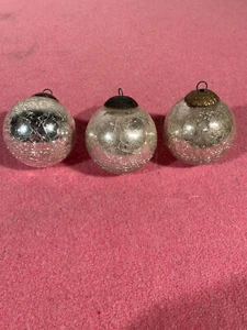 Pottery Barn Lot of 3 Silver Crackle Mercury Glass Ball Ornaments  Decor 3" - Picture 1 of 6