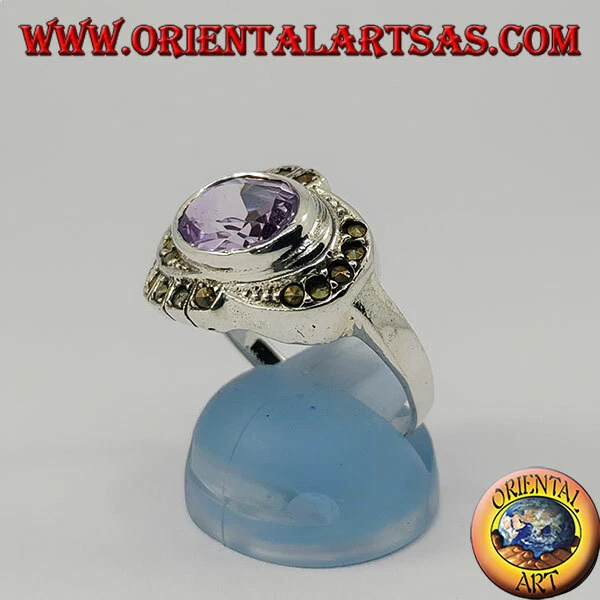 Anello in Argento 925‰ con ametista ovale naturale orizzontale e marcasite - Immagine 1 di 1