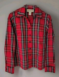 Jones New York Country 100% Silk Tartan Plaid Blouse Size 6 Red Green Holiday - Picture 1 of 12