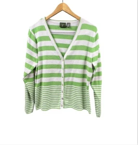 Mountain Lake Cardigan Sweater Women XL Green White Striped Button Front V Neck - Picture 1 of 10