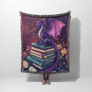 Purple Dragon On Books Woven Throw Blanket, Reading Gifts, Fantasy Blanket Decor - Picture 1 of 3