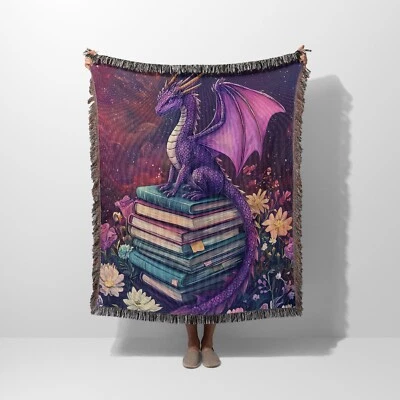 Purple Dragon On Books Woven Throw Blanket, Reading Gifts, Fantasy Blanket Decor - Image 1 of 3
