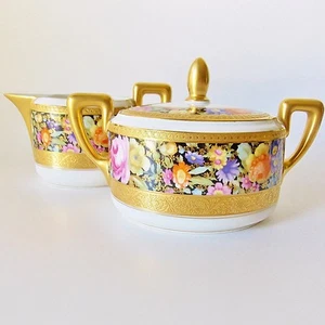  ROSTHENTHAL, GOLDBESETZTES SAHNEKÄNNCHEN UND ZUCKERKÄNNCHEN, WUNDERSCHÖNE BUNTE BLUMEN - Bild 1 von 12