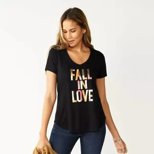 Fall In Love Black T Shirt Sz M Short Sleeve V Neck Top Romantic Graphic Tee New - Picture 1 of 1