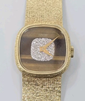 Reloj de pulsera vintage años 80 oro amarillo 14k Concord diamante ojo de tigre damas 37,8 g Foto 1 de 4