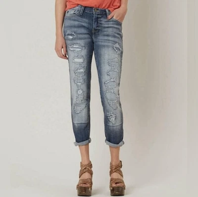 Pantalones de mezclilla elásticos desgastados Kancan tiro bajo Boyfriend para mujer 28 azules  Foto 1 de 4