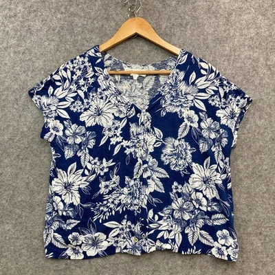 C&C California Womens Linen Top Size Medium Blue Floral Button V-Neck 10317 - Image 1 of 4
