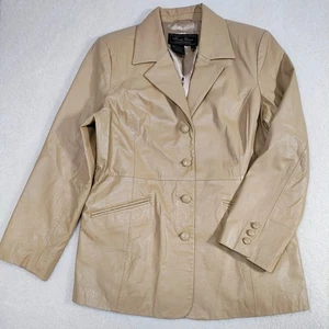 Vintage Chic Terry Lewis Classic Tan Leather Jacket Women's M 90s Academia Retro - Picture 1 of 12