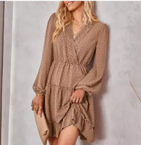 Womens Dress Size Large Boho Tan Festival Mini Layered Western Chic V-Neck - Picture 1 of 8