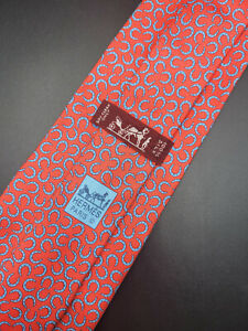 Hermes Paris Made In France Red Horse Shoes Pattern Silk Tie 5168 IA