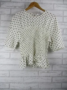Pink Diamond womens top blouse white black polka dot 8 short sleeve - Picture 1 of 11