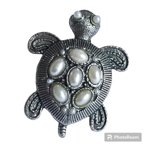 Vintage Turtle Cocktail Ring Size 7 8 9 Adjustable Silver Tone Sea Life Pearl - Picture 1 of 11