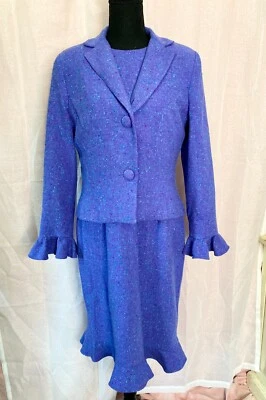 De colección Neiman Marcus Bigio Colección Años 80 Periwinkle Donegal Tweed Lana Vestido Traje Foto 1 de 4