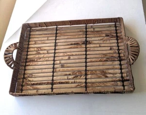Woven Bamboo Rattan TRAY with Handles Boho Storage Decor Serving 16" x 11" - Picture 1 of 5