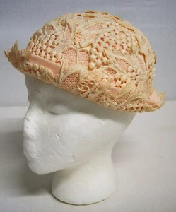 Antique 1920's-30's Sverd Paris White Lace on Pink Flapper Hat French Size 22 wm - Picture 1 of 12