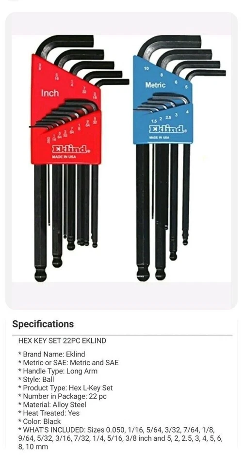 Eklind 22 Piece Long Arm Ball-Hex L-Key allen wrench Combo Set Metric / SAE - Image 1 of 1