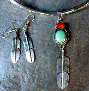 BENNIE RATION NAVAJO FEATHER PENDANT & EARRINGS SILVER/ ROYSTON TURQUOISE - Picture 1 of 13