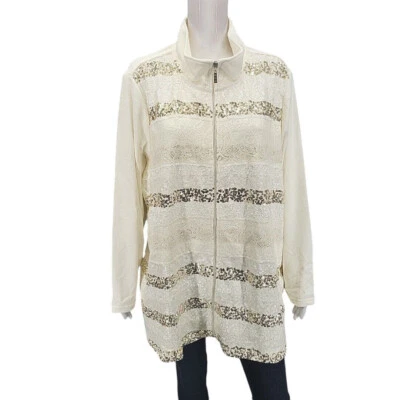 Quacker Factory Lace and Sequin Zip Front Velour Jacket 3X Plus Size Off White - Image 1 of 4