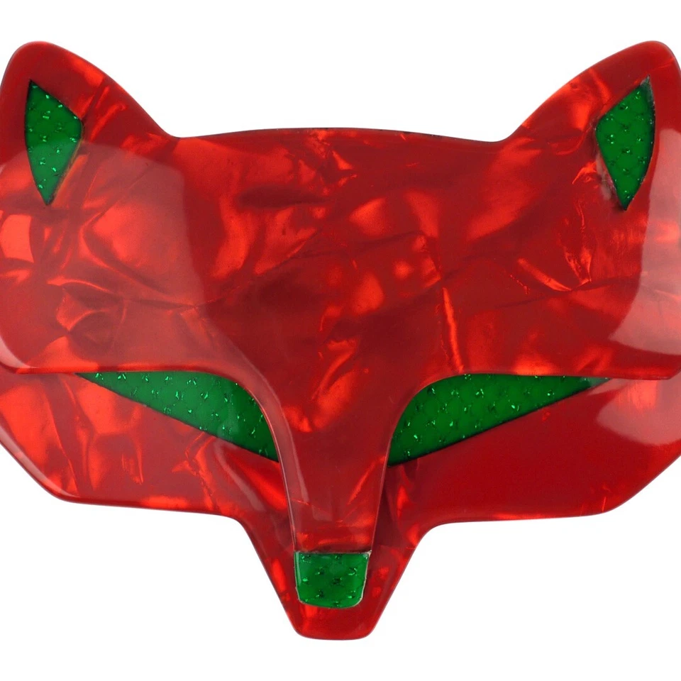 Broche LEA STEIN Cabeza de Lobo de Zorro en Acetato Rojo y Verde Mármol París Francia Foto 1 de 4