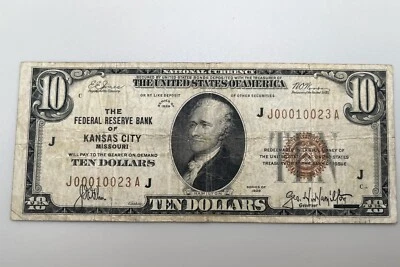 $10 1929 Fed Res Bank Note Fr 1860-J  Kansas City, MO Serial # Lincoln Twr Zip - Image 1 of 4