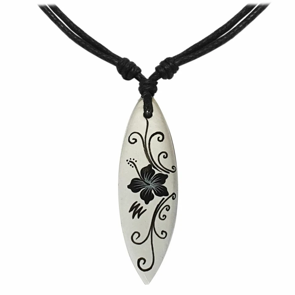 1 verstellbare Kette mit Anhänger Surfbrett handbemalt schwarze Blüte Holzkette - Bild 1 von 1