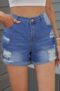 Dreamkue Jeansshorts mit gefaltetem Saum Distressed hoher Bund - Bild 1 von 10