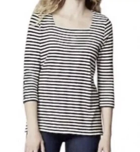 J.Jill Navy& Cream Nautical Striped Cotton Pullover Sweater.3/4 Sleeve Small.NEW - Picture 1 of 20