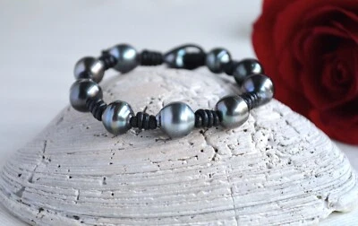 大溪地珍珠黑色希腊皮革手链优雅珍珠珠宝礼品创意 — 第 1/4 张图片