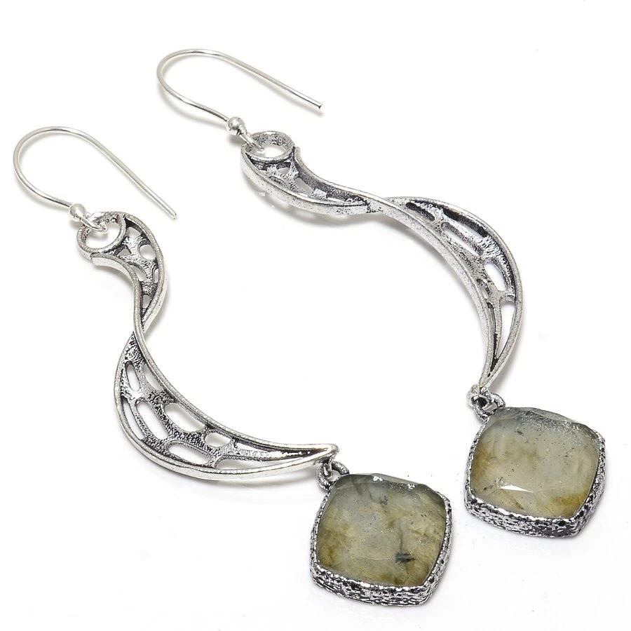 Faceted Golden Rutile Quartz Gemstone Silver Plated Earrings Jewelry 3" - Image 1 of 1