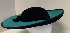 Vtg. Frederick Fox Turquoise & Black Wide Brim Neiman Marcus Made In England Hat - Picture 1 of 8