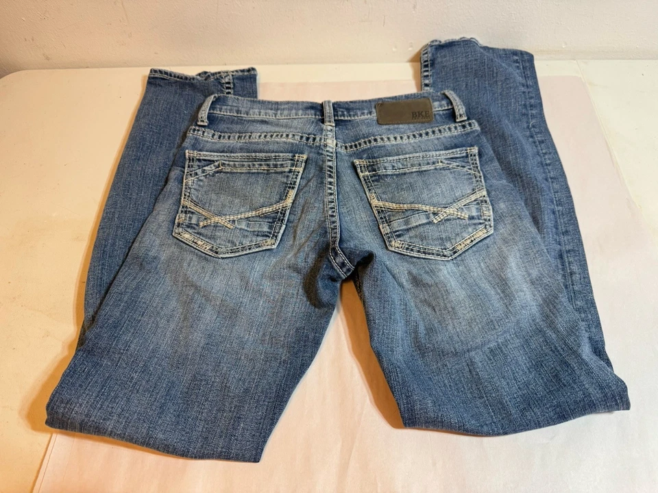 BKE Jeans Adult 28x32 Blue Denim Alec Slim Skinny Stretch Faded Buckle Mens - Image 1 of 4