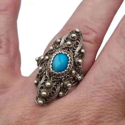 Anello navetta in filigrana d'argento e pallina blu, stile vittoriano da donna. - Immagine 1 di 4