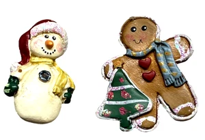2 Cute Christmas Pins - Snowman & Gingerbread Man-Resin-Vintage NEXT DAY SHIP - Picture 1 of 5