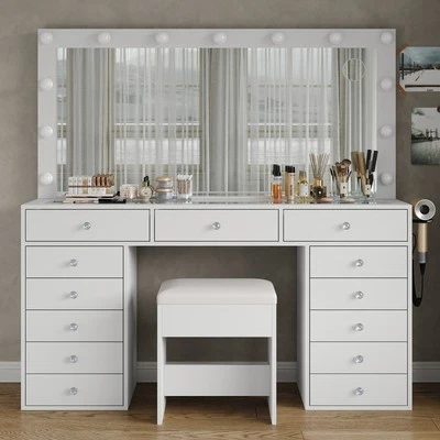 Vanity Desk with Power Outlet, 55'' W Glass Top Vanity with 13 Drawers - Image 1 of 4