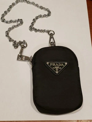 Awesome Little Prada Black Nylon Zip Up Coin Purse and Silver Chain ID Bag Small - Image 1 of 4