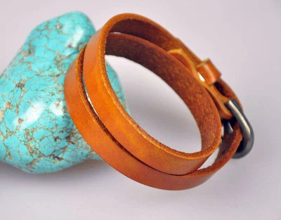 S54 Biker Cool Plain Double Wrap Real Leather Bracelet Wristband Cuff 5-Colors - Image 1 of 3