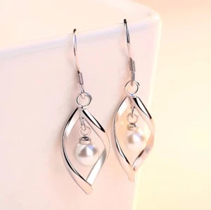 Leaf Pearl Drop Dangle Swirl Hook Earrings 925 Sterling Silver Womens Jewellery - Picture 1 of 8