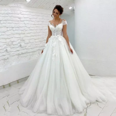 Weiß Elfenbein Boot-Ausschnitt Brautkleider Spitze Applikationen Tüll Brautkleid - Bild 1 von 4