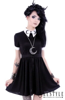 Restyle-Vestido gótico negro "MOON DRESS" con cuello blanco con símbolo de luna Foto 1 de 4
