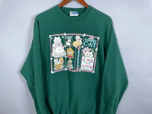 VTG 90s Endless Designs Country Cat Collage Sweatshirt Women's XL Green Crewneck - Picture 1 of 13