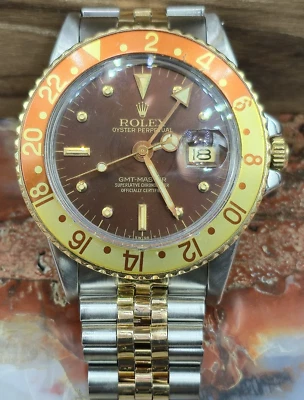 Rolex 16753 GMT Master Rootbeer Nipple Dial Two Tone Watch Redish/Brown True VTG - Image 1 of 4