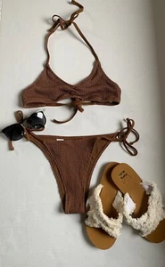 Aerie Swim Set Sz Small Brown Crinkle Halter Voop Bikini Top & Cheekiest Bottom - Picture 1 of 7