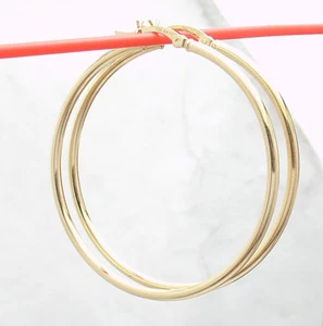 2 1/8" Technibond Shiny Plain Round Hoop Earrings 14K Yellow Gold Plated Silver - Picture 1 of 4