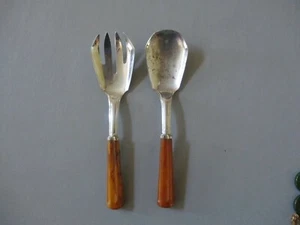 Vintage Art Deco Butterscotch Bakelite Handled Salad Spoon and Fork Serving Set - Picture 1 of 10