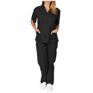 Scrub Suit Set Nurse Doctor Uniform Hospital V-neck Pocket T Shirt Pants Set~~